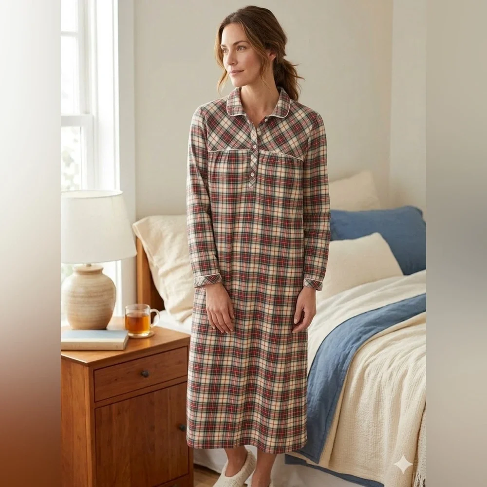 Vintage LL Bean Nightgown Scotch Plaid Tartan Flannel Cottagecore Flannel Modest